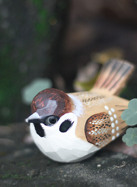 鹿妖商店c 肥啾鸟 木雕小鸟 麻雀 家雀 手工实木桌面摆件 小胖鸟