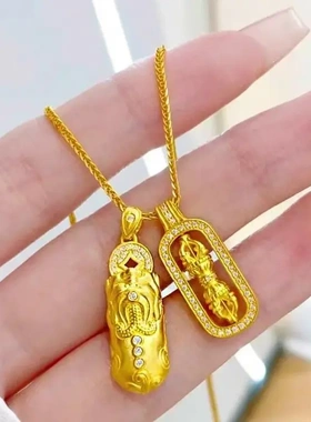 S925古法金韦雪同款点钻双葫芦项链黄金色福禄挂坠毛衣链吊坠首饰