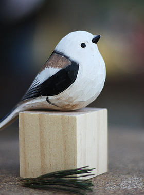 鹿妖商店 肥啾鸟木雕 生日礼物 C北长尾山雀手工摆件 银喉长尾山