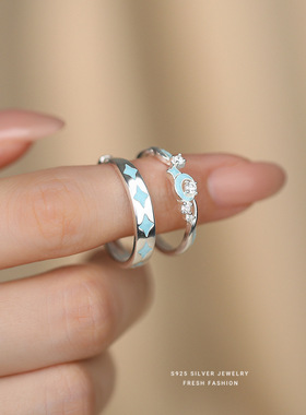 夜光情侣戒指S925银蓝色滴胶