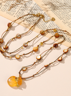 珞石天然玉髓虎眼金色圆珠项链女