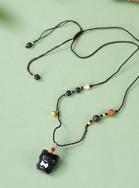 珞石黑檀小猫合香珠编织毛衣链女