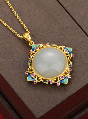 NY纯银和田玉祥瑞珐琅吊坠项链