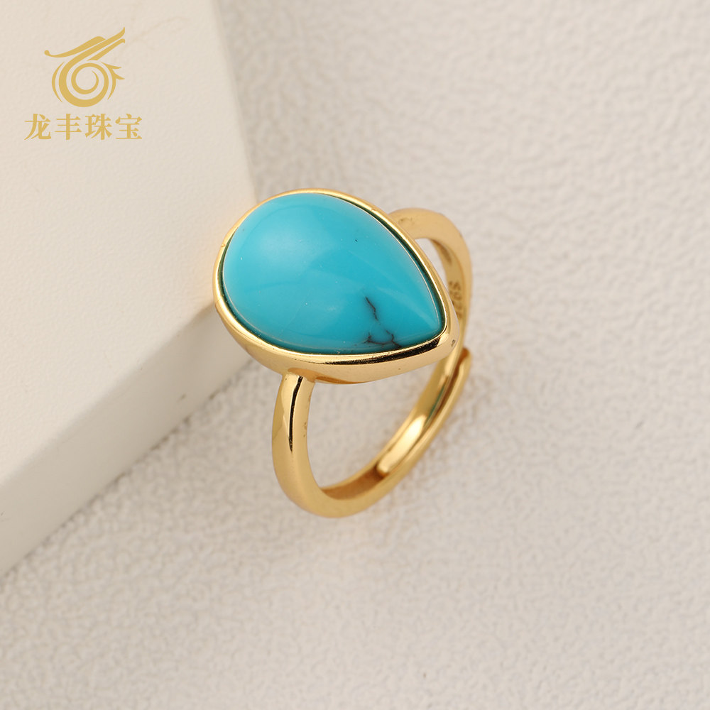 Genuine natural turquoise drop-shaped ring for women