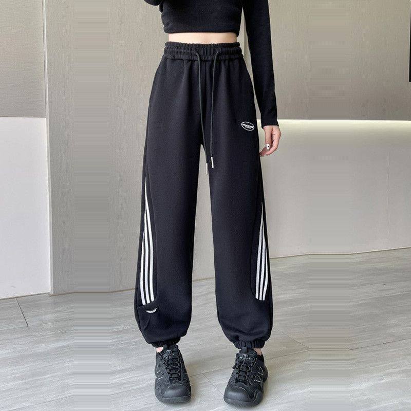 条纹哈伦运动裤女卫裤秋冬高腰显瘦宽松休闲束脚裤侧白色美式裤子,淘宝优惠券,粉丝福利购,淘宝优惠卷