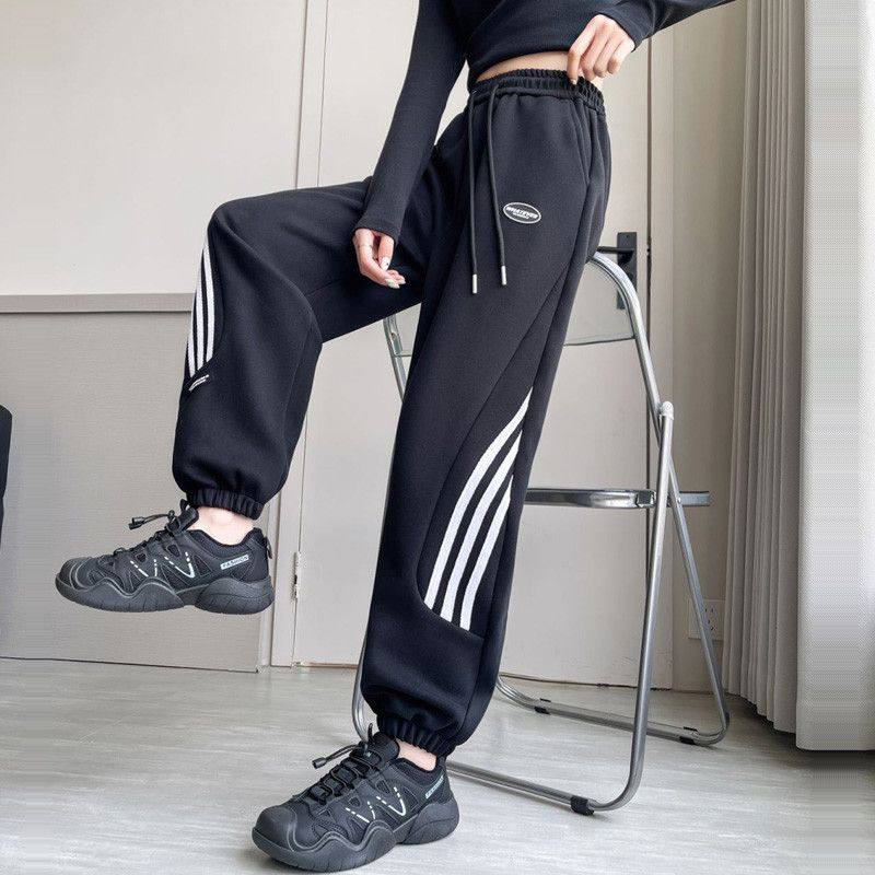 条纹哈伦运动裤女卫裤秋冬高腰显瘦宽松休闲束脚裤侧白色美式裤子,淘宝优惠券,粉丝福利购,淘宝优惠卷