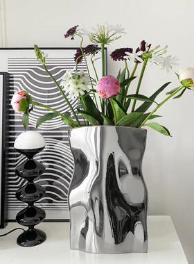 轻奢风银色电镀褶皱陶瓷花瓶摆件客厅插花高级感餐桌装饰摆件