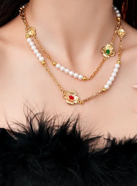 法式宫廷风镶钻人造珍珠款拼接项链小众时尚锁骨链复古高级感项饰