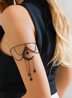 欧美甜酷哥特式十字架水晶开口臂镯黑色链条多层leghain