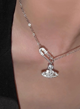 银色土星别针项链女气质颈链