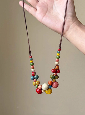 民族风彩色陶瓷串珠项链女颈链