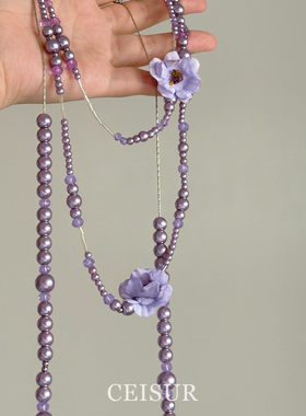 法式复古紫色串珠花朵项链女