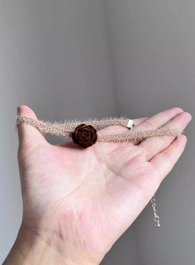 法式复古毛绒编织玫瑰花项链女