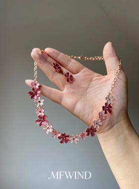 复古粉白滴釉花朵项链女