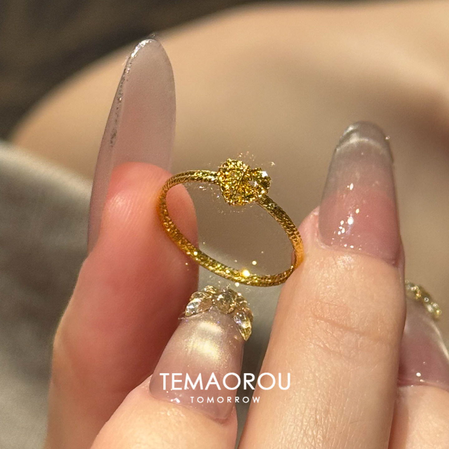 Golden sparkling crushed ice love ring for women