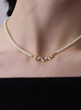 法式复古仿珍珠闪钻麦穗项链女