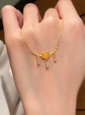 金色玫瑰花流苏项链女颈链