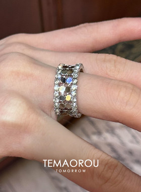 冷淡风流光碎冰冰银色宽面戒指女