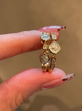 中古金色双层三古币戒指女