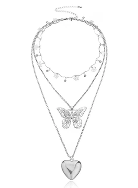 欧美饰品 大号镂空桃心吊坠项链女 时尚弯管水钻多层项饰