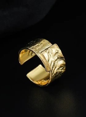 s925银ins潮人皱褶纹宽边戒指女几何不规则韩版开口食指戒