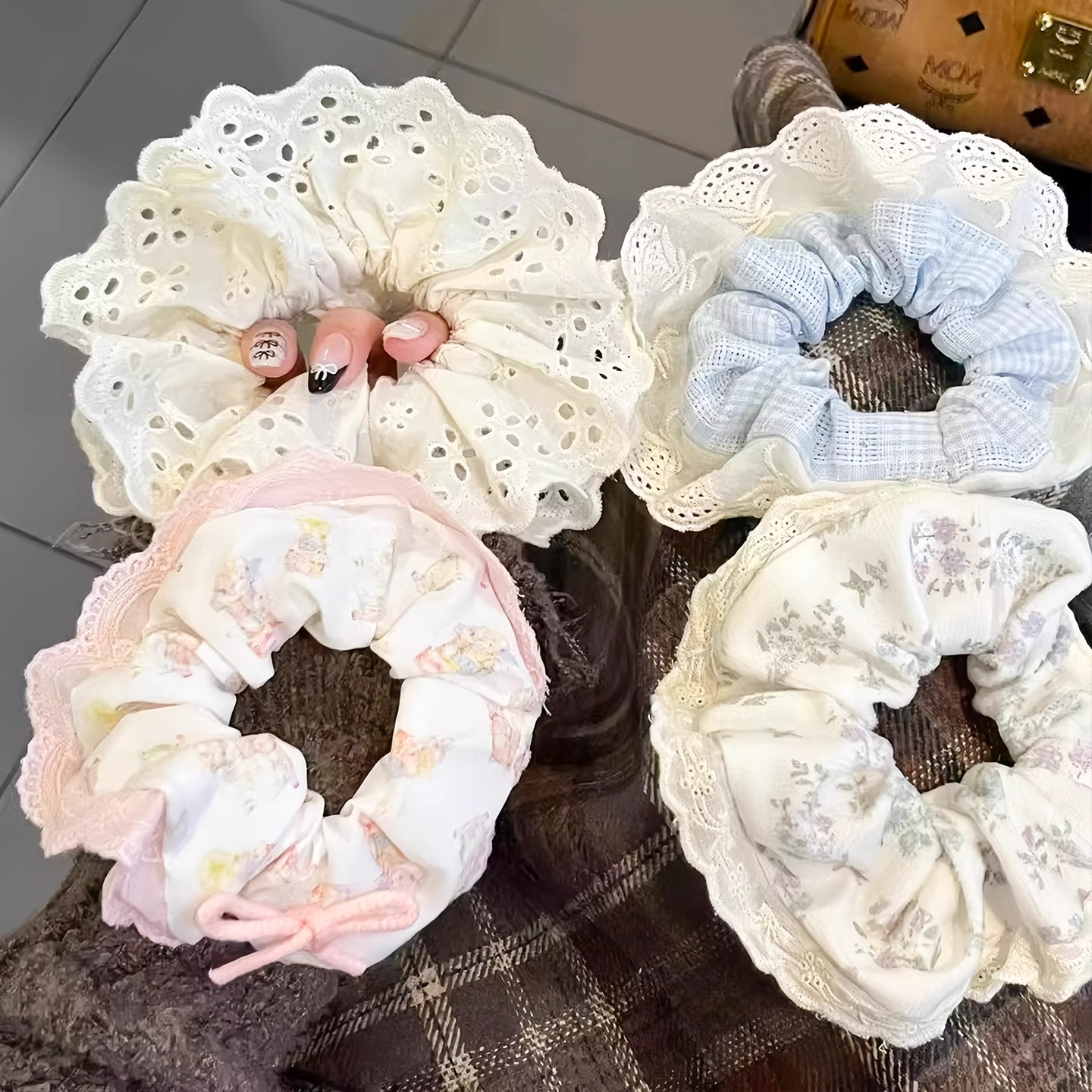 芭蕾风奶蓝格子重工烫钻蕾丝花边韩版大肠发圈可爱奶油甜妹发绳女 - 图0