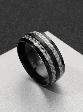 新款时尚简约碳纤维双线不锈钢戒指多色黑底钛钢指环饰品