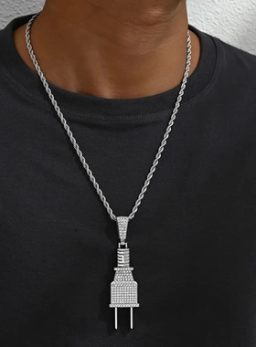 欧美时尚嘻哈潮流男士项链个性电源插头吊坠古巴链条新款夸张颈链