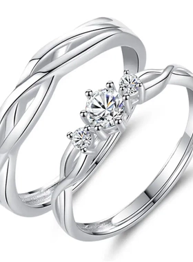 s925纯银情侣结婚对戒小众交织的爱男女婚戒活口波浪锆石戒指钻戒