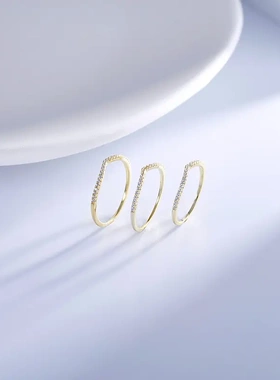 s925银镀14k金日韩排钻戒指简约锆石细精致轻奢指环尾戒ins