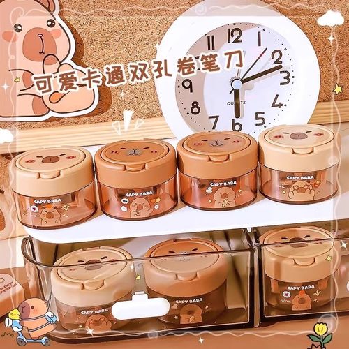 儿童铅笔卷笔刀卡皮巴拉转笔刀手动旋转削笔器卡通手动带盖双孔 - 图2
