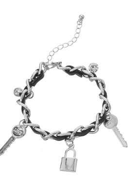 欧美饰品 多钥匙水钻锁吊坠手链女 手工粗链皮革个性手饰合金电镀