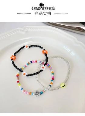 韩式博主同款手链彩色花朵串珠手串手绳泫雅风设计感出游度假手环