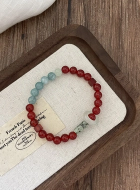 新中式天然红玛瑙寿山石跑环手串夏季冰感叠戴串珠手链文艺镶钻