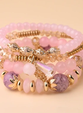 欧美2025新款饰品 波西米亚小众玻璃质感多层叠戴彩色手链女AB212