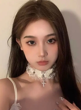 蕾丝项圈女十字架个性翅膀项链锁骨链颈带颈圈小众设计颈环几何型