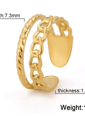 热销爆款简约百搭耐看双层麻绳链条组合不锈钢钛钢开口戒指电镀