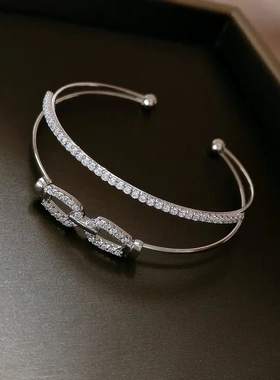 欧美双层锆石马蹄扣开口手镯时尚设计感手环轻奢个性高级感手饰女
