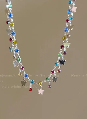 缤纷夏日~彩色锆石项链女轻奢小众设计感配饰辣妹流苏锁骨链合金