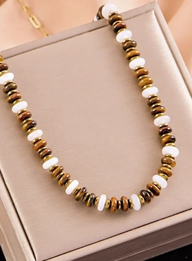 新中式天然石虎眼串珠项链轻奢风钛钢手链不掉色套装饰品电镀圆形