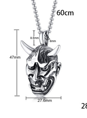 新款霸气牛角不锈钢般若之面吊坠钢色男士 鬼脸铸造项链饰品K金