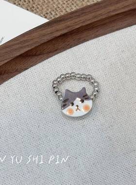 卡通可爱小猫串珠戒指女2025新款小众设计食指戒童趣精致百搭指环