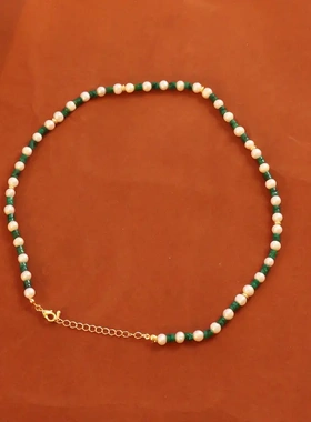 欧美绿宝石珍珠拼接项链时尚个性百搭叠戴天然石串珠锁骨链毛衣链