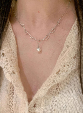 银色蕾丝人造珍珠项链女颈链