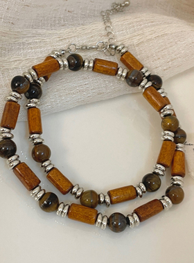 新中式木珠仿虎眼石竹节串珠项链