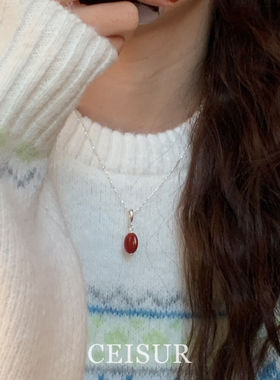 新年简约红色仿玛瑙吊坠项链女