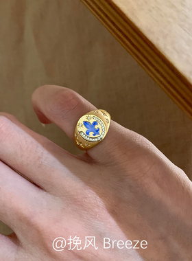 「雾蓝珐琅」中古金色印章戒指女