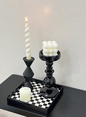 ins法式玻璃烛台摆件轻奢简约高级感实木复古黑色银色桌面装饰品