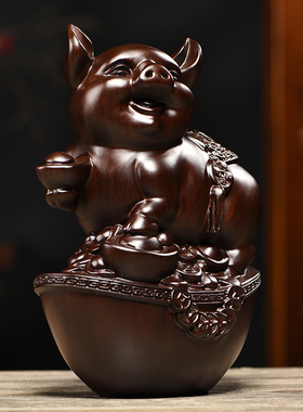 黑檀木雕猪摆件实木十二生肖可爱雕刻家居客厅装饰红木工艺礼品