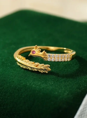 s925银古典凤尾戒指女凤凰于飞镶钻精致龙凤指环本命年礼物